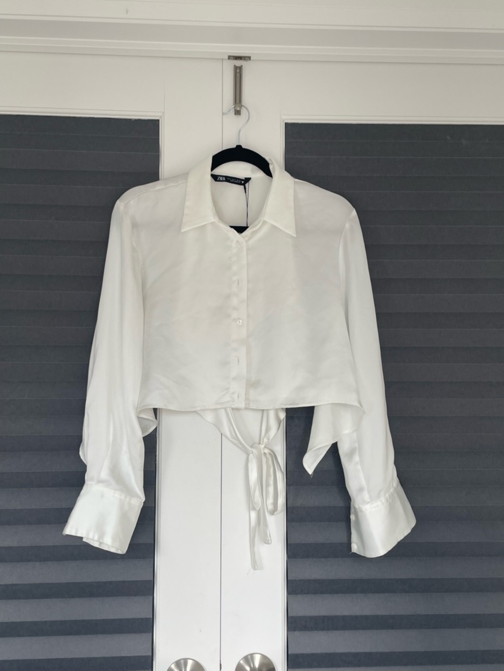 ZARA White Satin Cropped Button-Down Tie-Front Shirt (New with Tag)